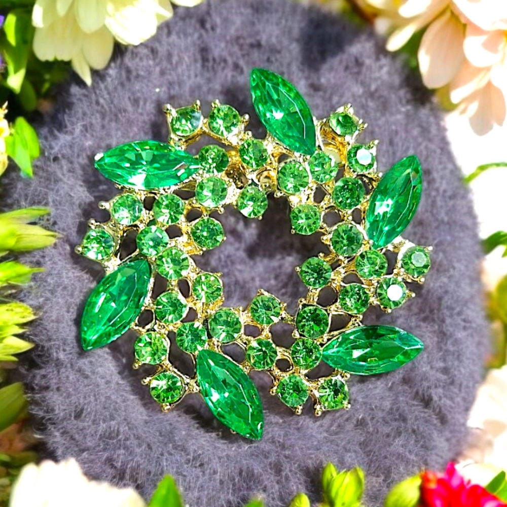 Peridot and Jewel Tone Green Rhinestone Swirl Brooch